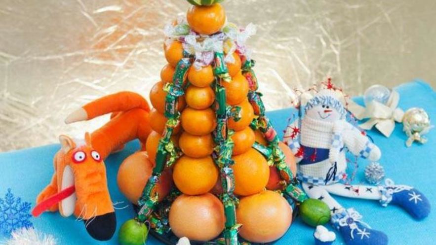 Рецепт елки из фруктов и конфет