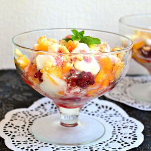 Рецепт Десерта из мороженого с персиками и малиной