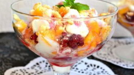 Рецепт десерта из мороженого с персиками и малиной