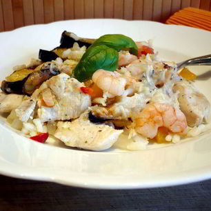 Рецепт Риса с баклажанами и морепродуктами Bella Испания