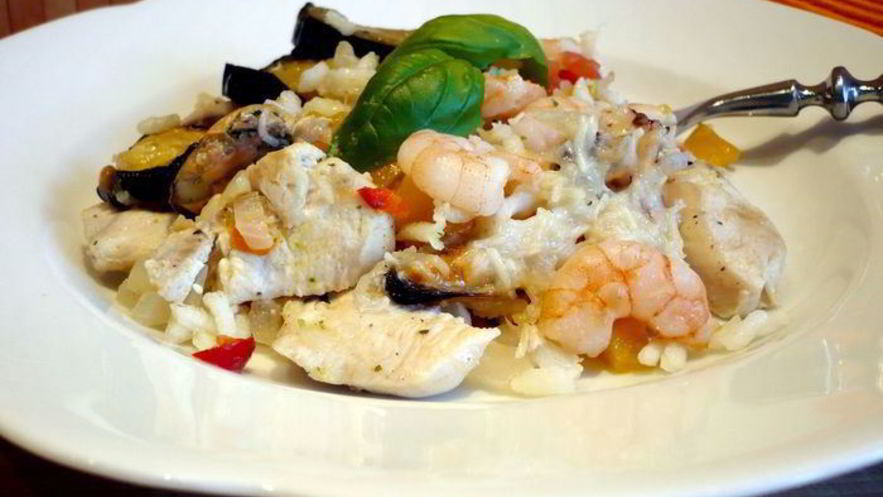 Рецепт риса с баклажанами и морепродуктами bella испания