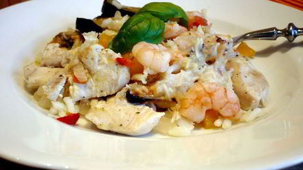 Рецепт риса с баклажанами и морепродуктами bella испания