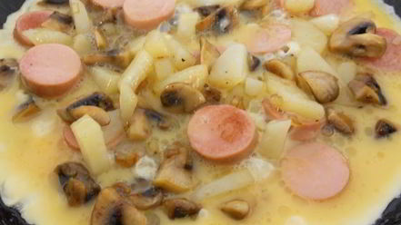 Рецепт жареных шампиньонов с картофелем, сосисками и яйцом