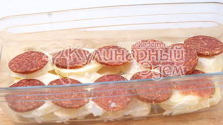 Рецепт картофеля запеченного с салями и ветчиной