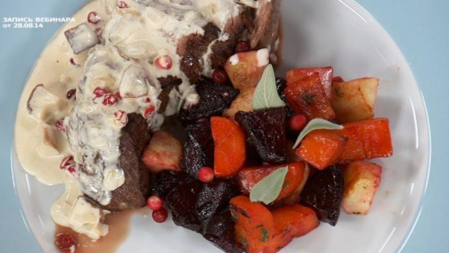 Рецепт стейка из говядины с печеными корнеплодами