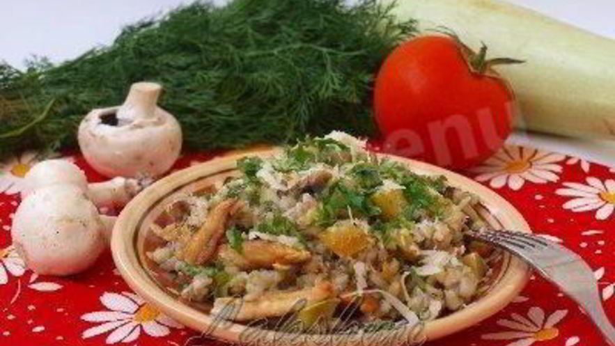 Рецепт перловки на гарнир с кабачками, грибами, курицей