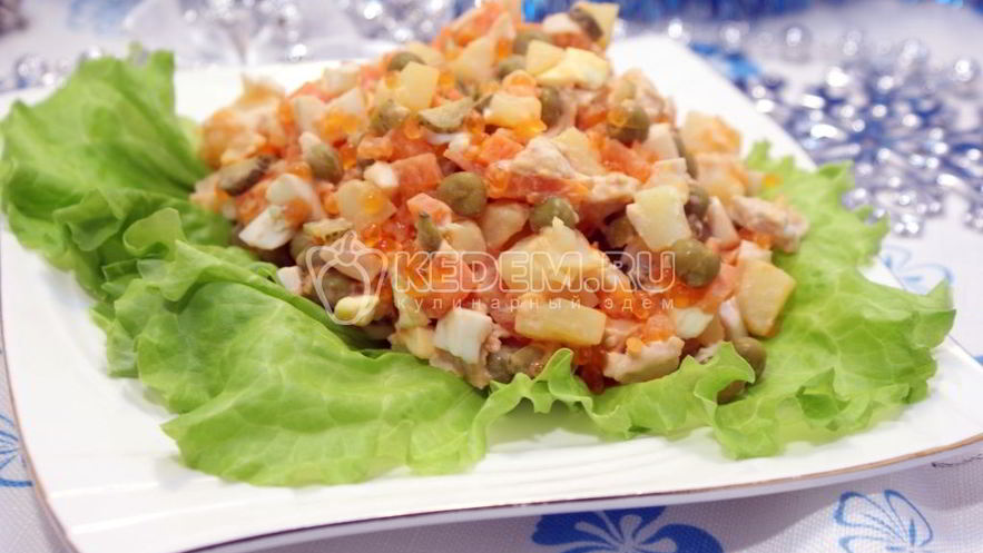 Рецепт салата оливье с курицей и икорной закуской