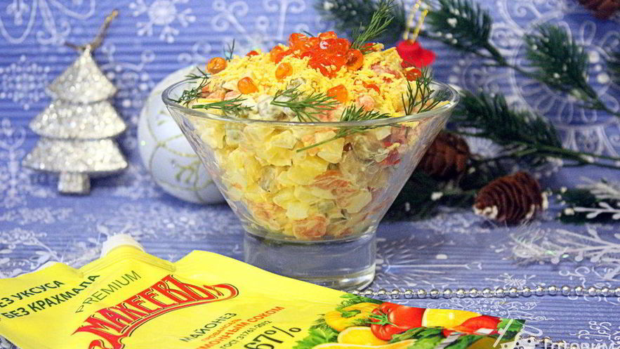 Рецепт салата оливье с семгой и красной икрой