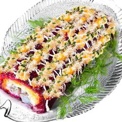 Рецепт Рулета сельдь под шубой с маринованным луком