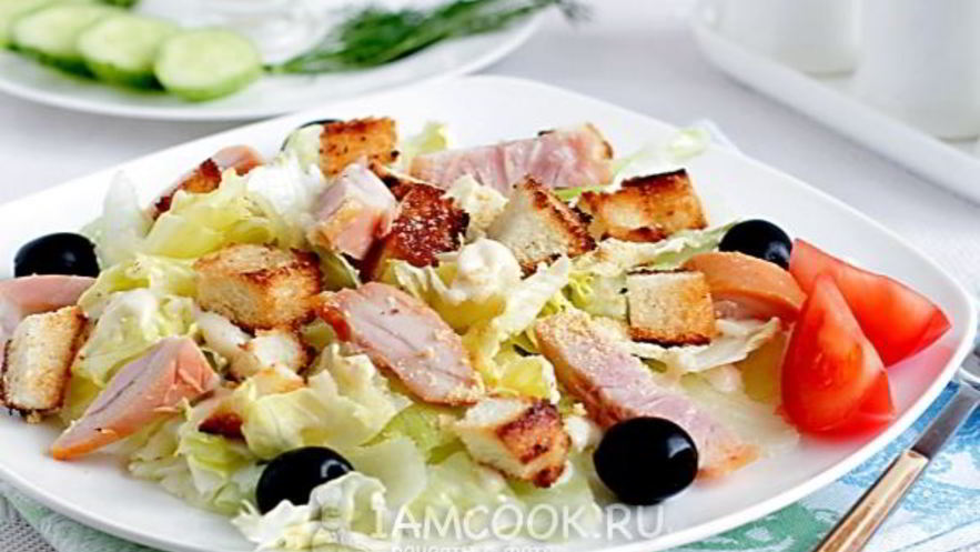 Рецепт салата цезарь с копченой курицей