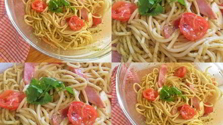 Рецепт спагетти с ветчиной, моцареллой под соусом песто