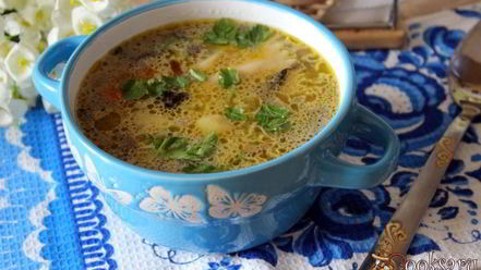 Рецепт супа с шампиньонами и фарфалле на курином бульоне