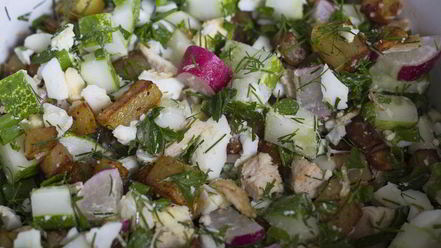 Рецепт окрошки на кефире с жареной картошкой