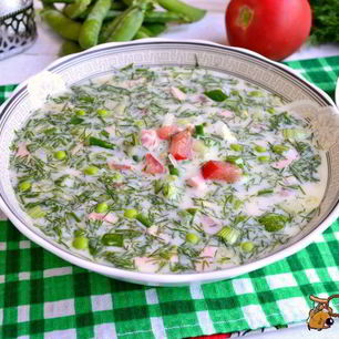 Рецепт Окрошки на сыворотке с помидорами и свежим горошком