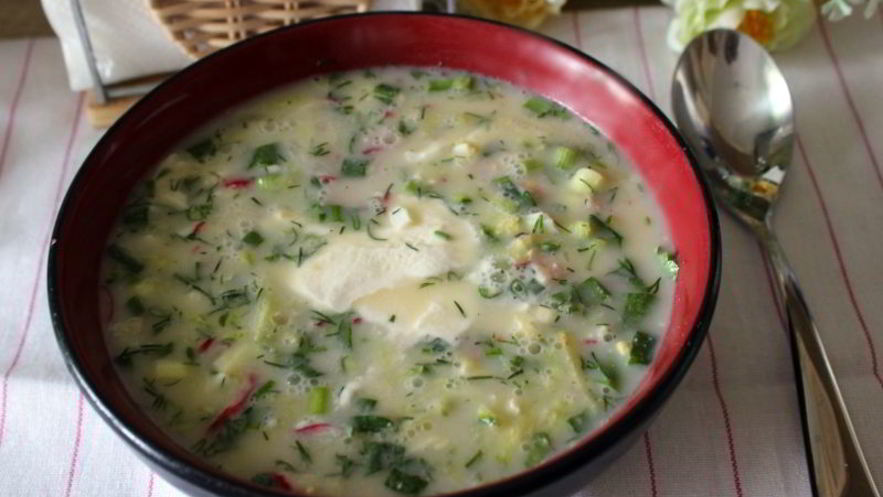 Рецепт окрошки на сыворотке с ветчиной