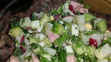 Рецепт окрошки на турецком айране и минералке с горчицей