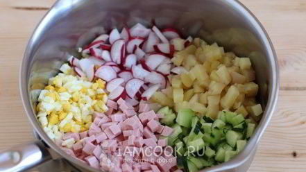 Рецепт окрошки с колбасой на сыворотке