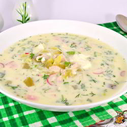 Рецепт Окрошки с курицей и маринованными огурцами