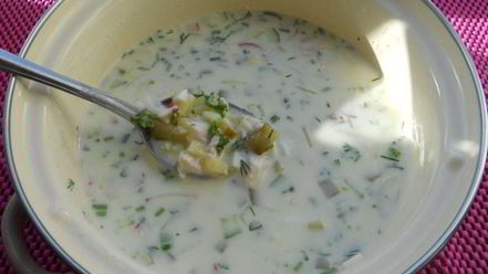 Рецепт окрошки с курицей и маринованными огурцами