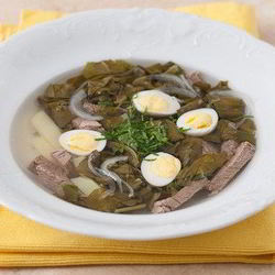 Рецепт Щей щавелевых с говядиной и перепелиными яйцами