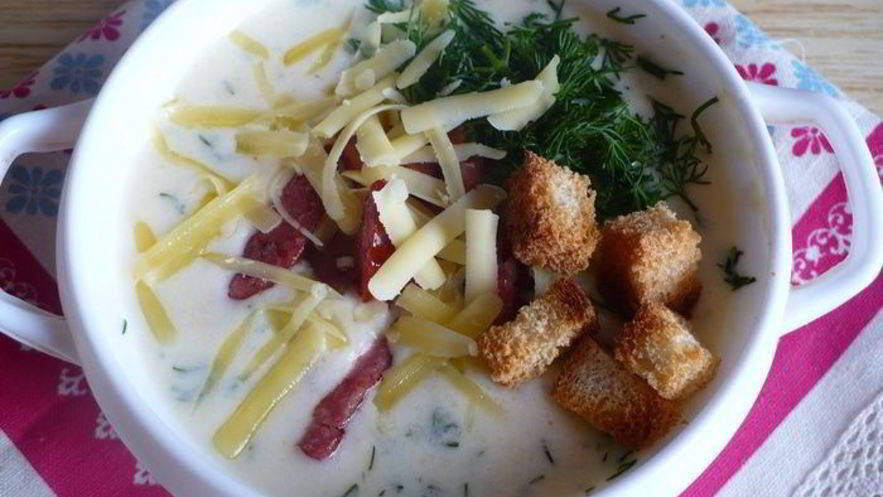 Рецепт сырно-овощного суп с копченостями