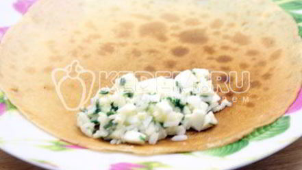 Рецепт блинов на кефире, фаршированные яйцом, рисом и луком