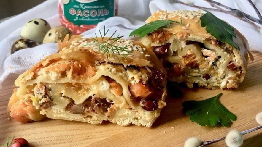 Рецепт штруделя с лососем, фасолью и рикоттой