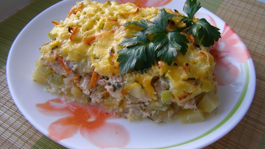 Рецепт запеканки из кабачков и картошки с куриным фаршем