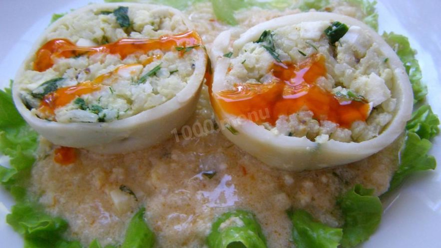 Рецепт фаршированных кальмаров с рисом и яйцом