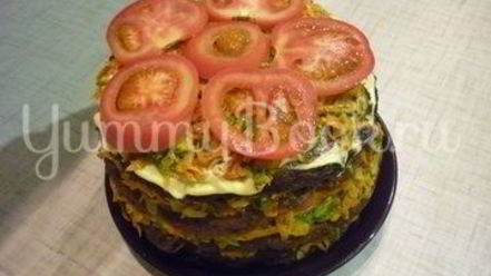 Рецепт печеночного торта с зеленью и помидорами