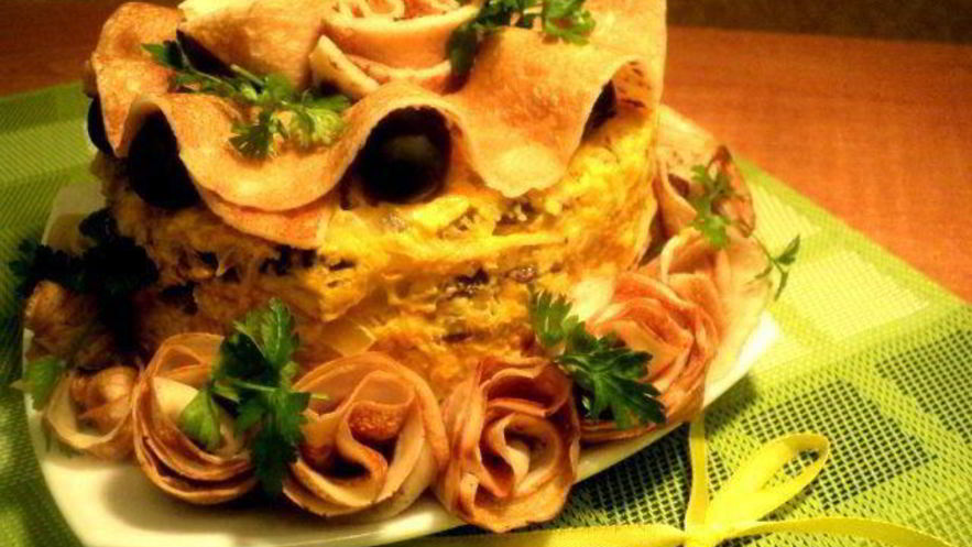 Рецепт закусочного блинно-печеночный торт