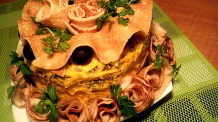 Рецепт закусочного блинно-печеночный торт